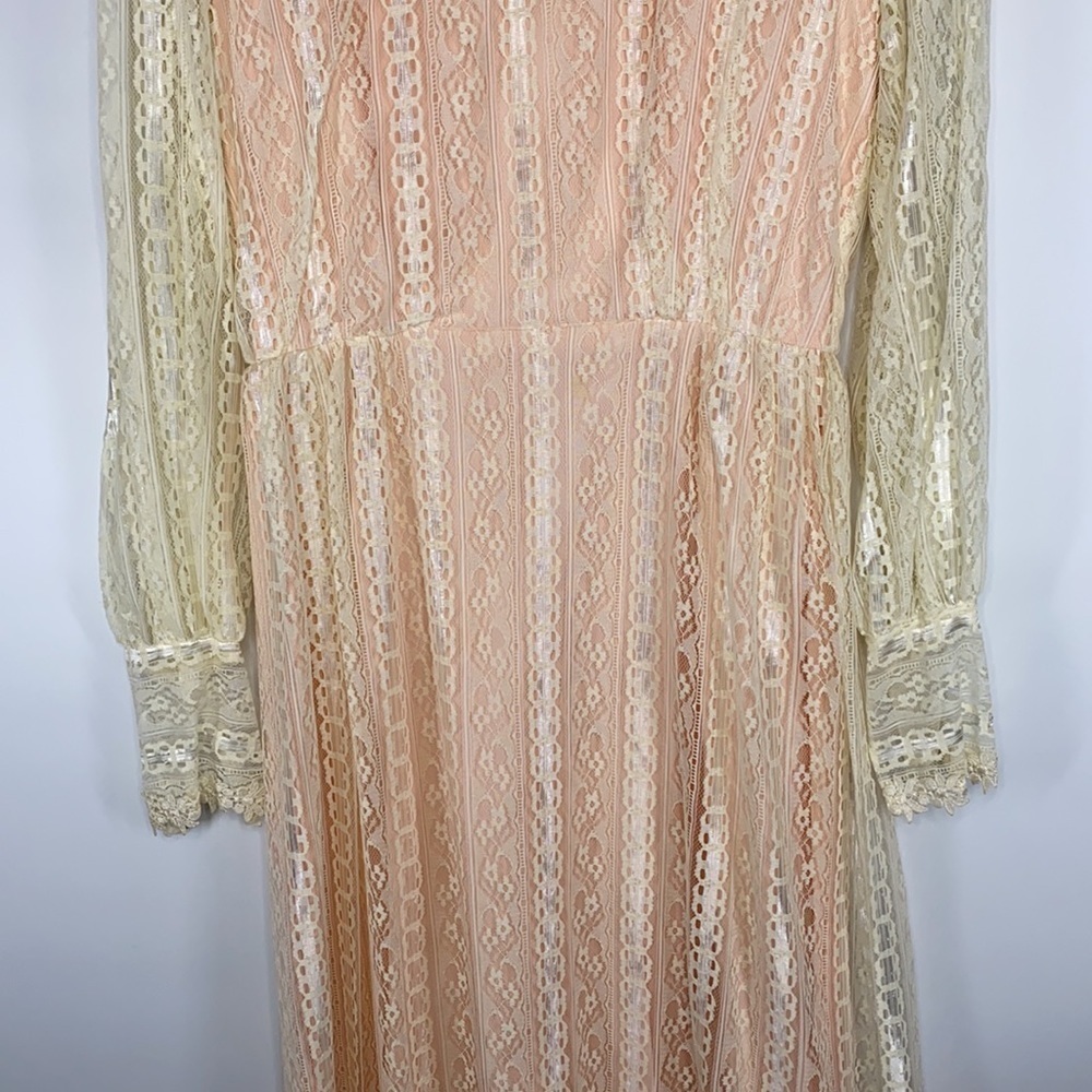 Vintage Alfred Angelo 60's Pink White Lace Long Sleeve High Neck Pioneer Dress - Picture 3 of 16